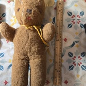Charming Vintage Brown Teddy Bear with Yellow Ribbon Ideal Toys